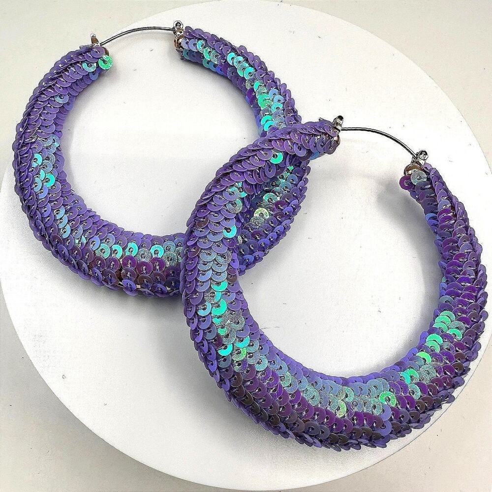 Vintage 90s Purple Iridescent Sequin Hoop Earrings Large Fashion Boho Statement